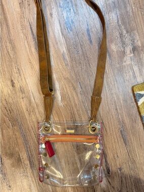 Hammitt Tony Stadium Clear Crossbody Bag Red Accent Brushed Gold Studded